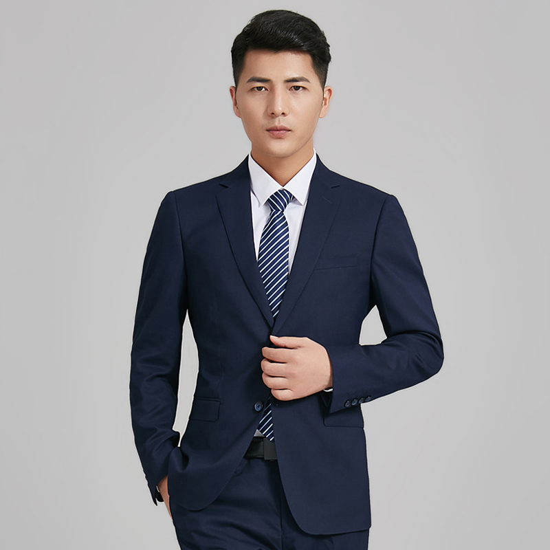 西服套装男士修身商务职业蓝色微弹双开叉西装套装结婚青年