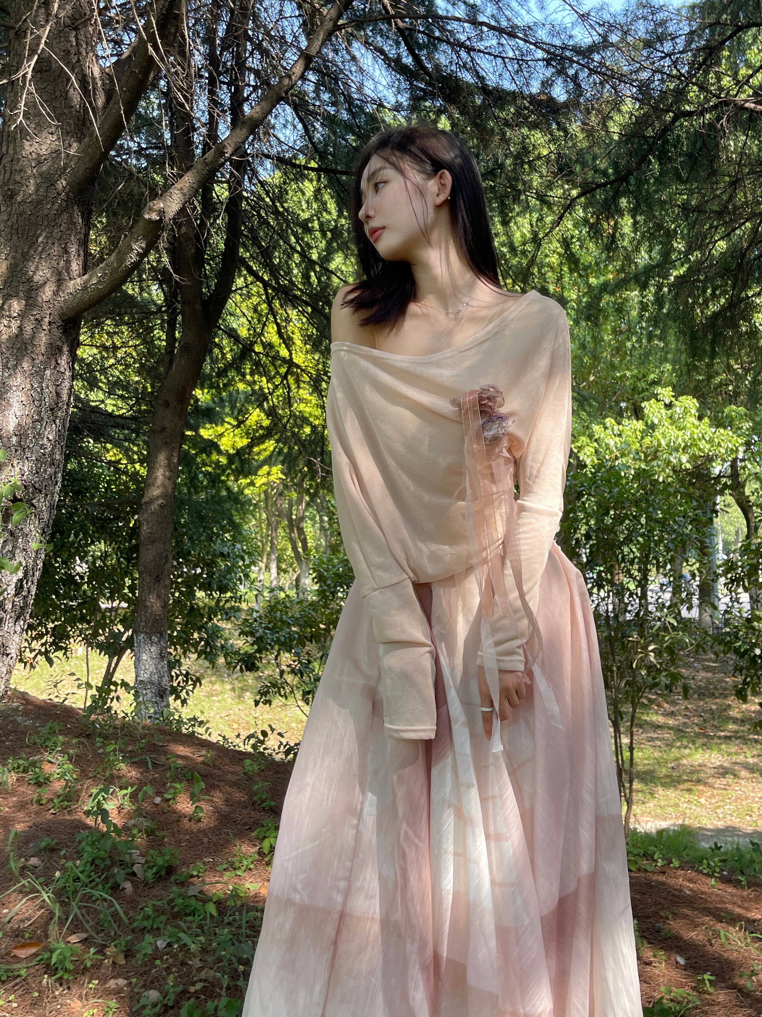 Zim温柔气质仙女半身长裙秋冬小众奶甜高腰显瘦印花奶咖色半身裙