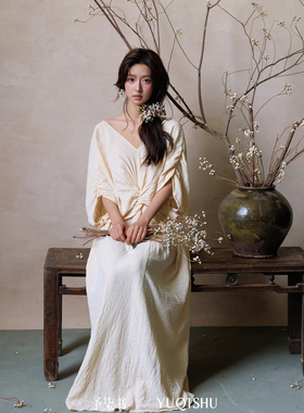 新中式气质V领高级感收腰显瘦很仙的禅意绝美度假连衣裙汉服2025