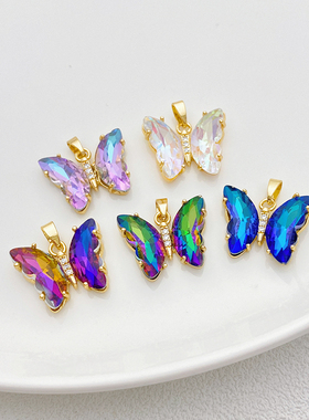 14K包金保色镶锆石渐变蝴蝶吊坠