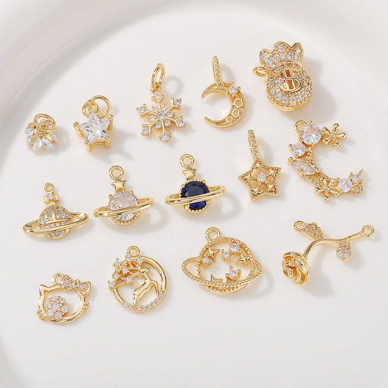 14K浅金微镶锆石吊坠星星月亮雪花diy串手链项链挂件小新潮流饰品