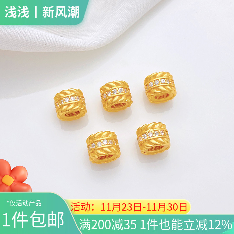 S925古法银镀金镶锆麦穗大孔桶珠