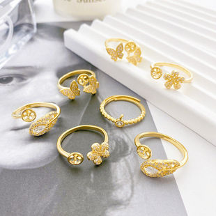 14K包金保色镶锆树叶花朵蝴蝶开口戒指托珍珠托手工diy首饰品配件