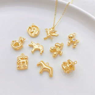 14K包金保色镶锆石小马独角兽卡通木马小吊坠diy手链项链饰品挂件