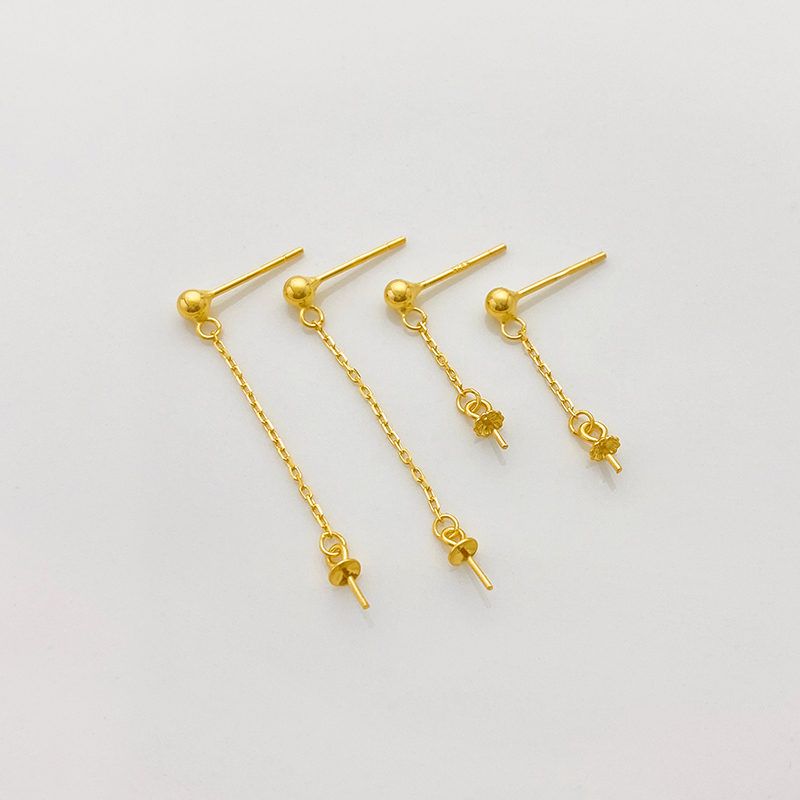 S925纯银简约镀金小球带链耳钉