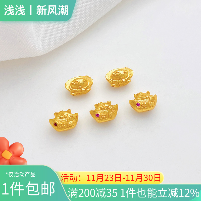 S925古法银镀金元宝招财猫隔珠