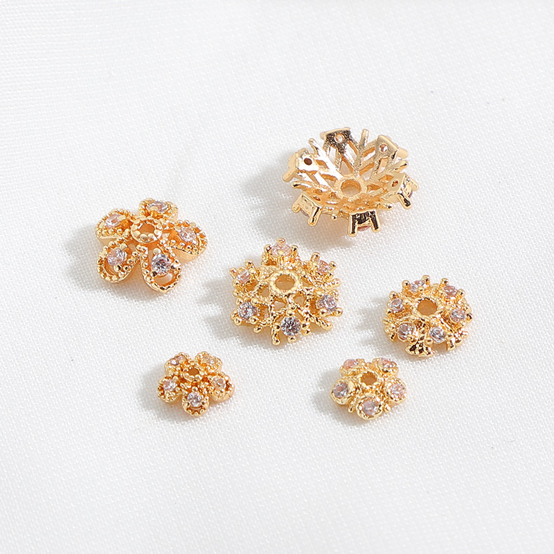 14K包金镶锆石花朵雪花花托diy手工饰品材料手串隔珠手链花帽配件