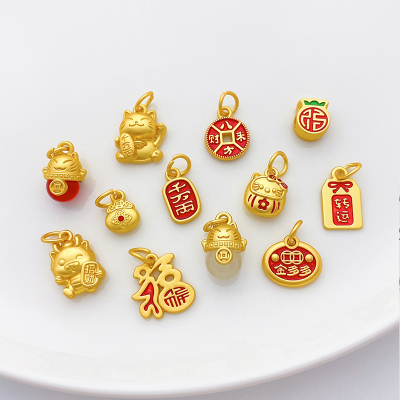 古法金保色福袋招财猫隔珠小吊坠
