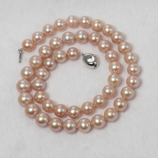 珍品9 10mm无核淡水珍珠项链强光女天然紫粉色基本正圆无瑕送妈妈