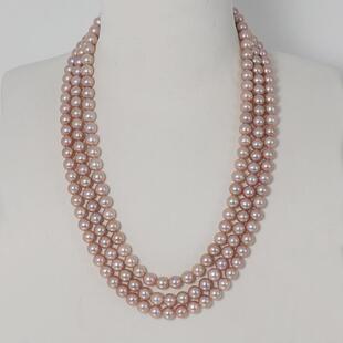 极强光无核淡水珍珠项链天然紫色6-6.5mm三层叠戴毛衣链女近正圆