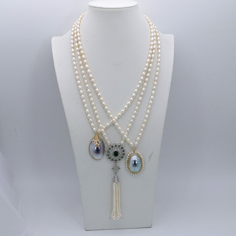 优选7-8mm无核淡水米粒珍珠项链天然白色极强光近无瑕长款毛衣链