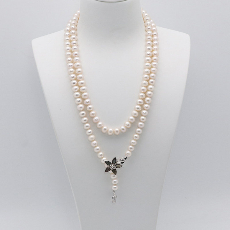 无核淡水珍珠项链强光近圆8mm长款天然双层毛衣链S925纯银可调节