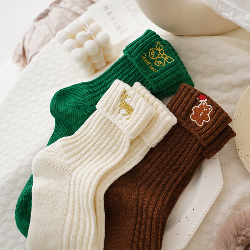 可爱刺绣卡通圣诞新年针织袜