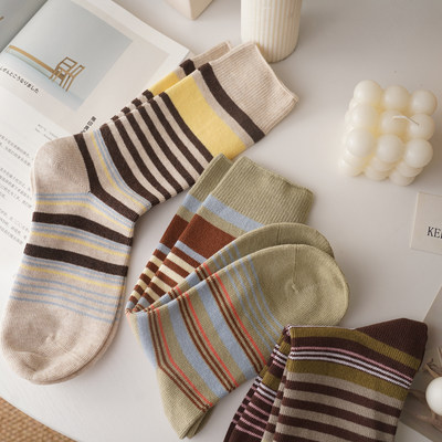 秋冬美拉德咖色系条纹堆堆中筒袜