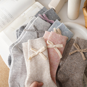 含羊毛甜美蝴蝶结保暖袜子女中筒袜冬季 温柔粉 甜妹bi备 加绒加厚