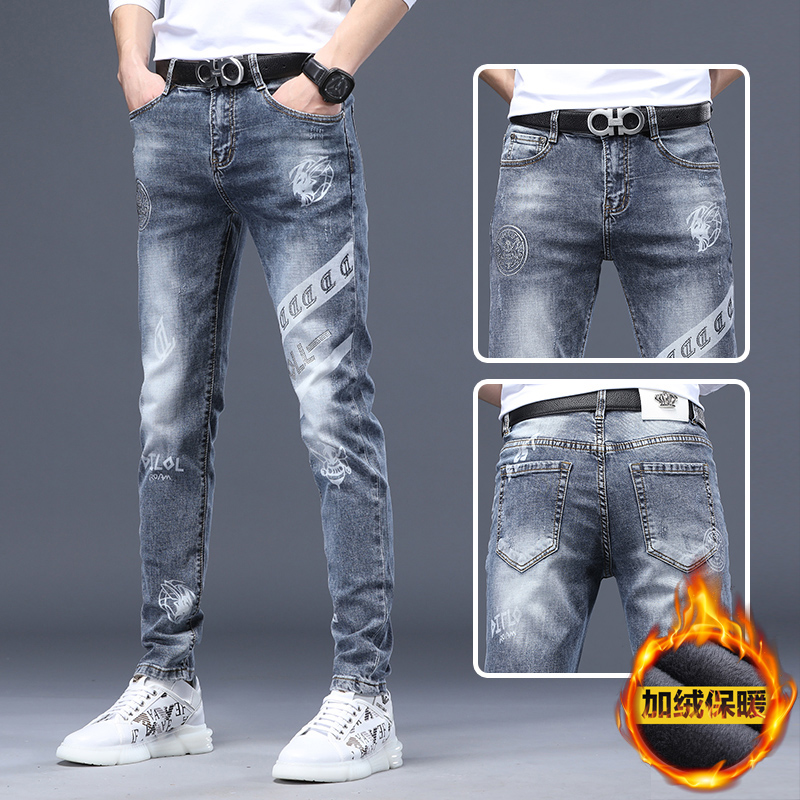 巴黎高端烫钻印花牛仔裤男