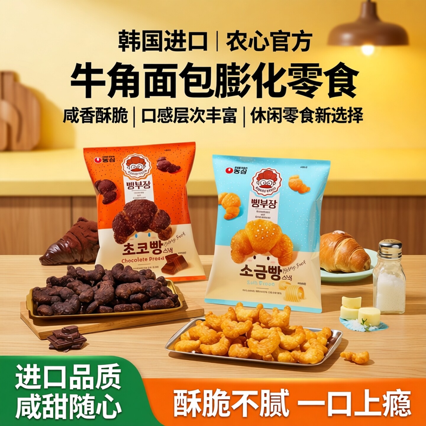 韩国进口食品农心盐咸味巧克力味牛角面包形膨化55g休闲膨化零食