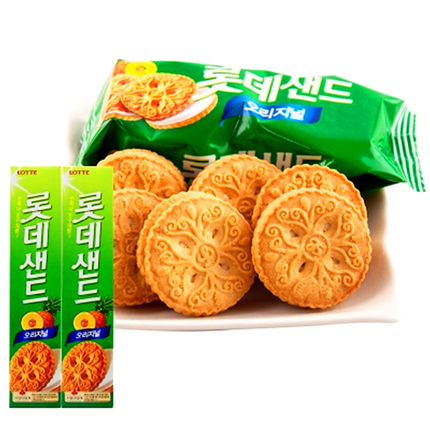 韩国进口食品零食乐天菠萝奶油夹心饼干105g夹心酥脆休闲饼干小吃