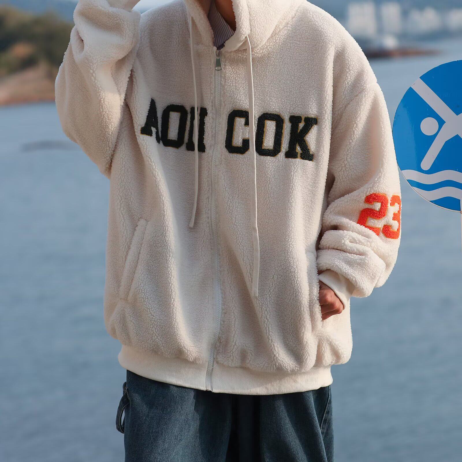 男装美式复古字母棉衣棉服2025冬季宽松连帽羊羔毛加厚外套,男装棉衣,星座204-2