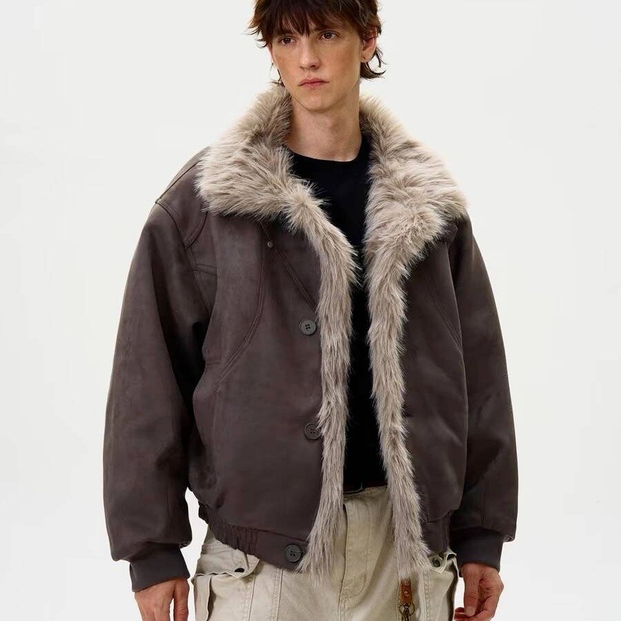 网图复古做旧座山雕加厚棉服男女宽松解构磨毛高级感毛领外套，男装棉衣，星座204-2