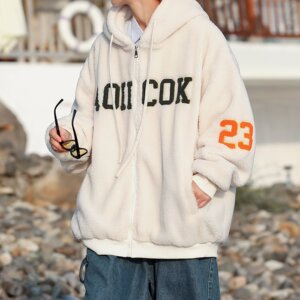 男装美式复古字母棉衣棉服2025冬季宽松连帽羊羔毛加厚外套图片