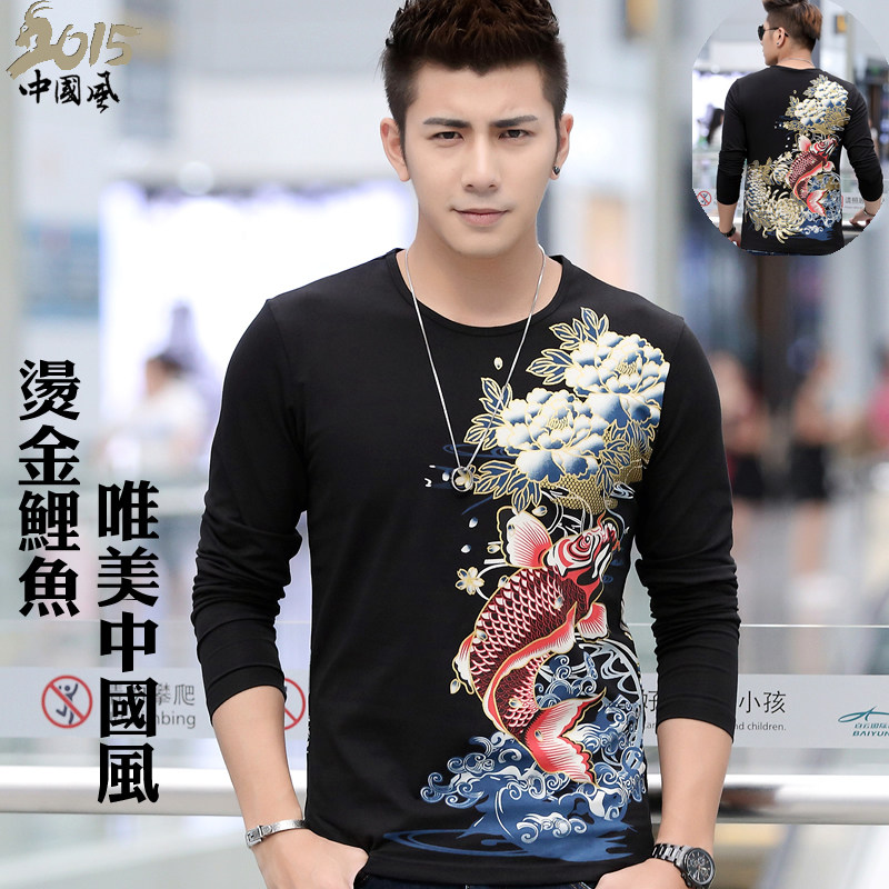 春秋男装大码中国风圆领纹身金鲤鱼图案长袖t恤男 原创韩版新衣服