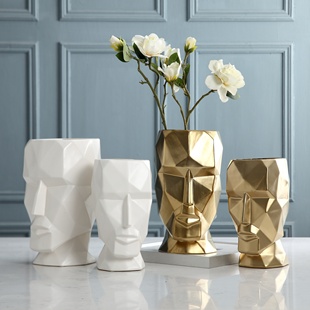 北欧现代轻奢几何抽象人脸创意花瓶摆件玄关办公室金色样板间软装