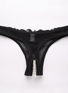 黑色内裤女生性感丁字裤小珍珠按摩t裤刺绣镂空 G-String Thongs