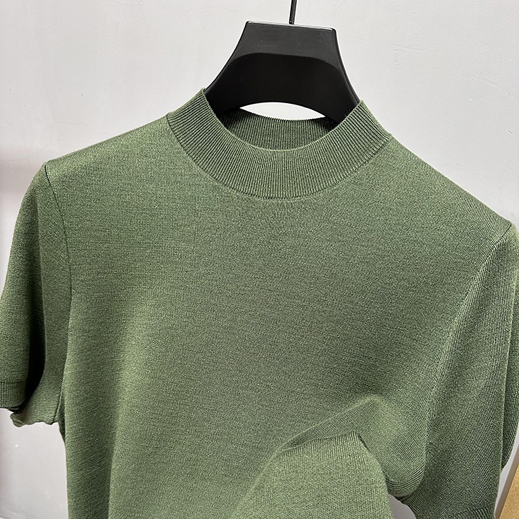 含山羊绒+桑蚕丝 秋季半高领针织打底衫套头内搭毛衣短袖上衣男
