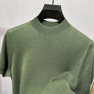 含山羊绒+桑蚕丝 秋季半高领针织打底衫套头内搭毛衣短袖上衣男