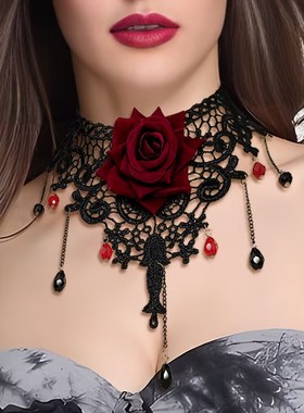 暗黑风洛丽塔哥特式蕾丝玫瑰项链 小众设计感流苏choker颈链项圈