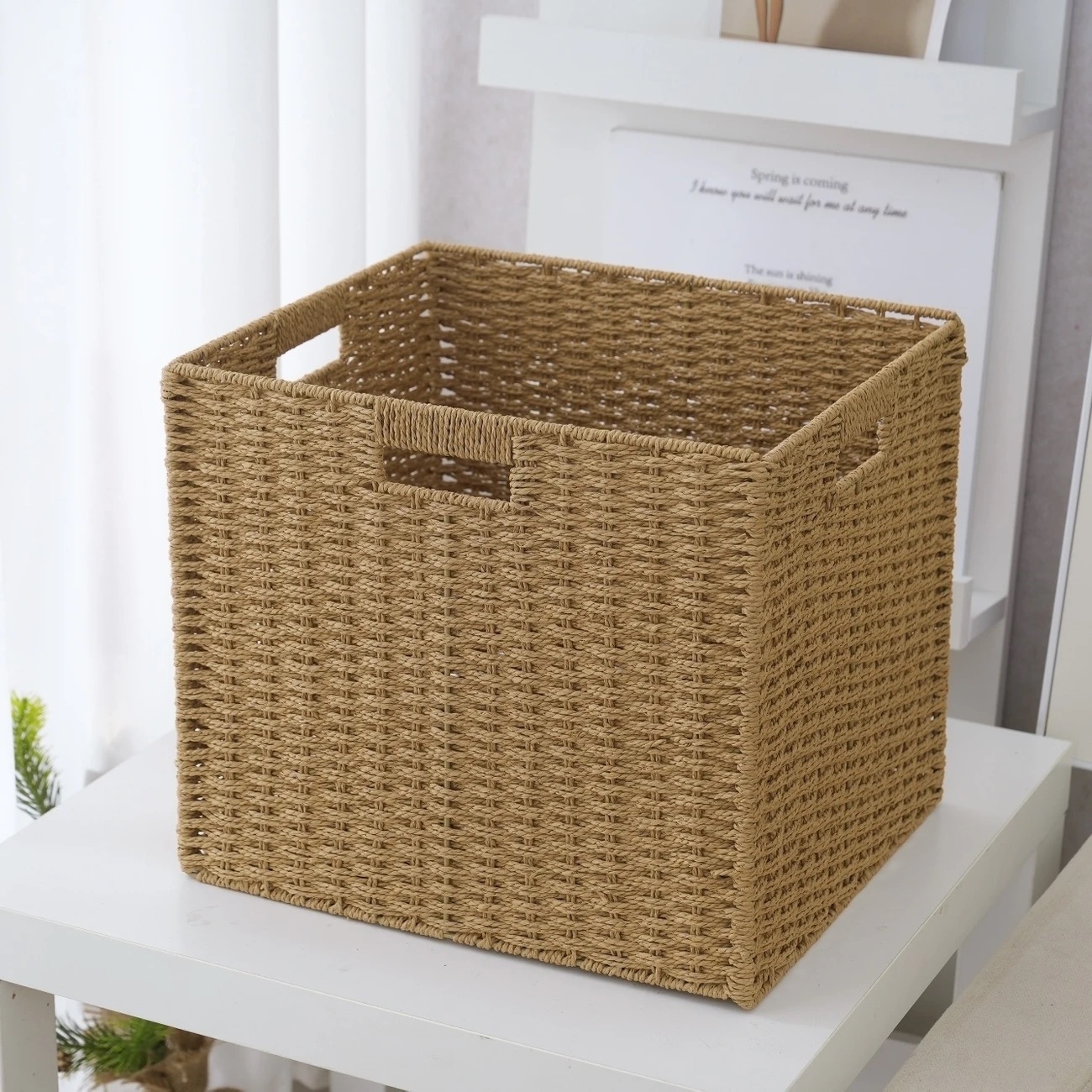 仿藤编收纳筐编织款配实木宫格架