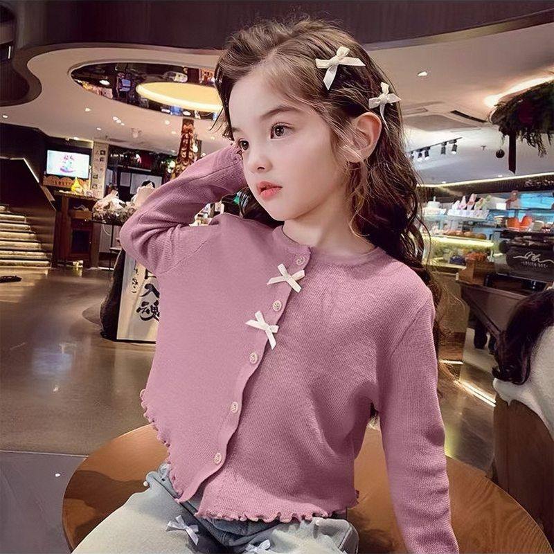 女童春秋薄款外搭针织蝴蝶结中小童韩版洋气可爱百搭针织开衫上衣