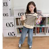 新款 外穿洋气条纹韩版 时尚 假两件宝宝长袖 毛衣潮 春装 女童2025春季