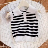2025新款 t恤夏装 洋气小女孩条纹冰丝儿童针织上衣 短袖 女童Polo衫
