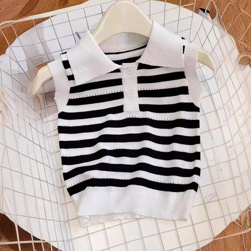 女童Polo衫短袖t恤夏装2025新款洋气小女孩条纹冰丝儿童针织上衣