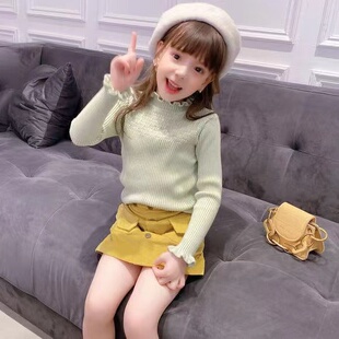 女童中高领毛衣木耳边坑条打底衣小女孩加绒冬装毛衣针织内搭上衣