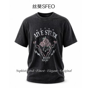 SFEO丝斐欧 酸洗做旧T恤美式复古玫瑰花闪电印花圆领短袖上衣女夏