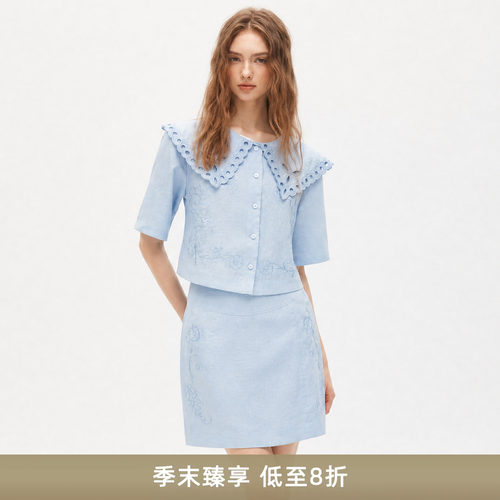 重工绣花短款衬衫+A字短款半裙