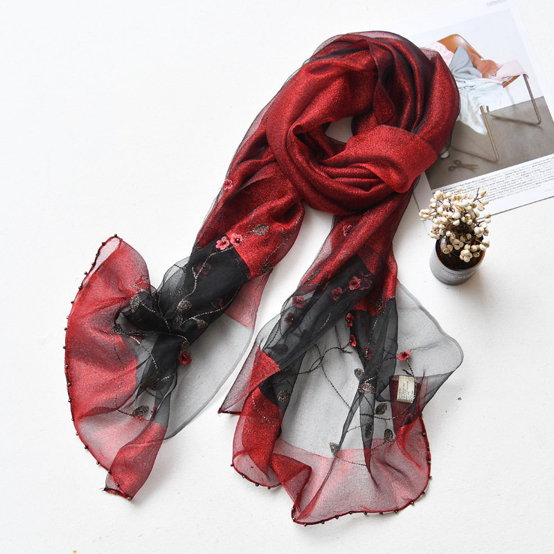 双层真丝刺绣纱巾桑蚕丝欧根纱丝巾酒红色礼服旗袍披肩春夏长巾女