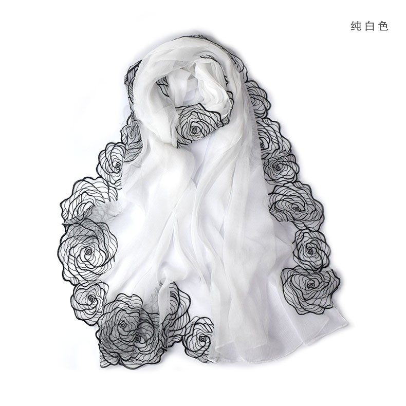 长款蕾丝绣花桑蚕丝丝巾女春秋冬季真丝纱巾花边刺绣围巾外搭披肩