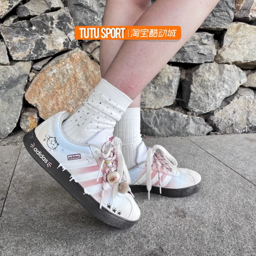 球鞋定制 adidas VL court 牛奶猫猫 爪印 低帮耐磨防滑女子板鞋