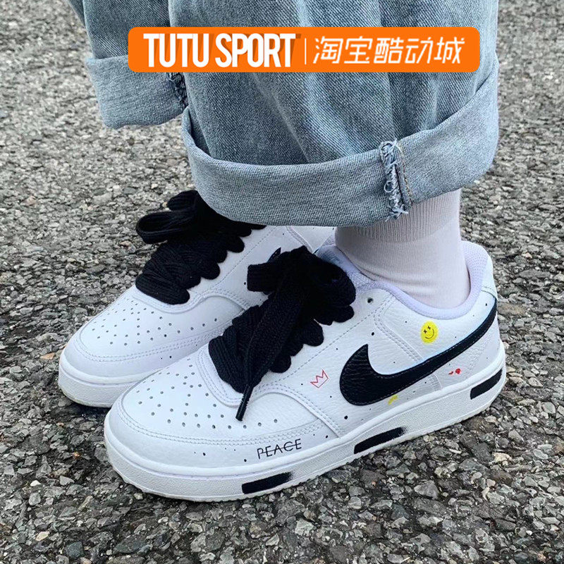 球鞋定制nike/耐克 court笑脸字母泼墨涂鸦白黑男款简约低帮板鞋