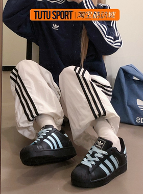 定制球鞋adidas originals Superstar蓝色蝴蝶结耐磨黑蓝女子板鞋