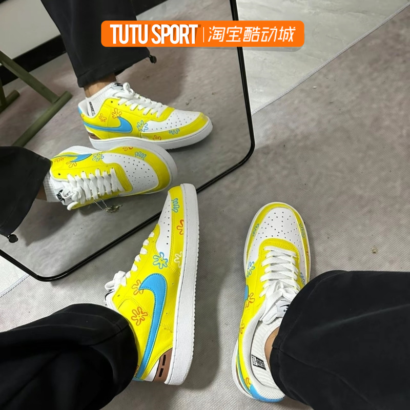 球鞋定制 Nike Court Low 海绵宝宝卡通涂鸦喷绘男女低帮板鞋