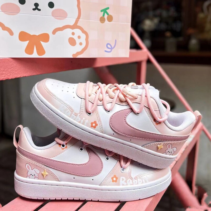 球鞋定制 nike court borough low 可爱兔子 解构双绑带 低帮板鞋