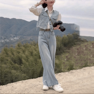 复古水洗牛仔套装女韩版白色衬衫牛仔马甲高腰显瘦阔腿裤三件套潮