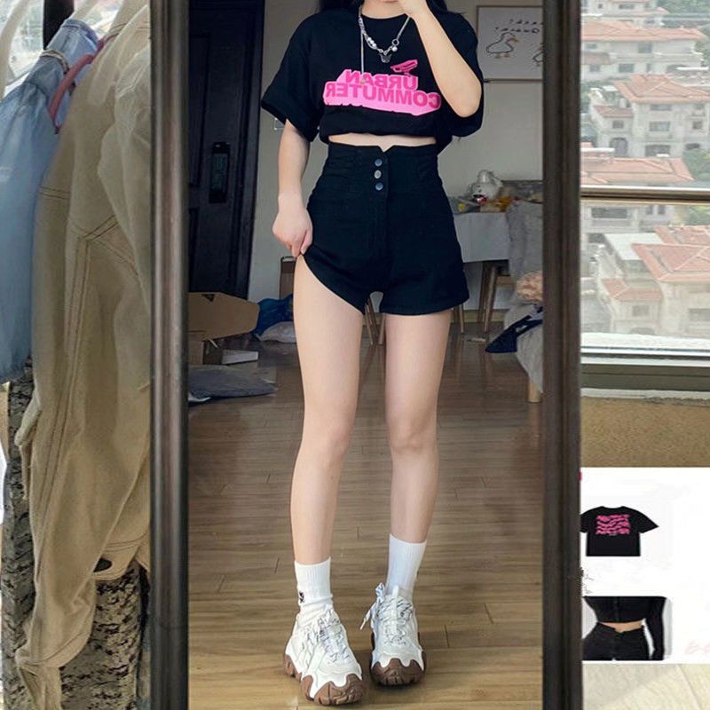 单排扣超高腰收腹牛仔短裤女弹力牛仔裤