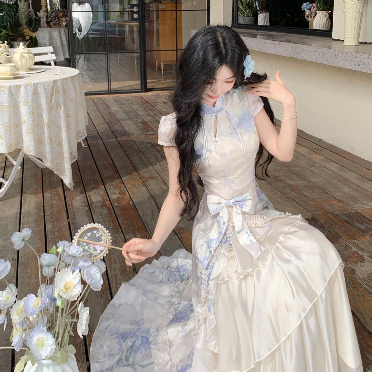 新中式改良旗袍连衣裙女夏季仙气国风碎花茶歇大摆显瘦礼服长裙子