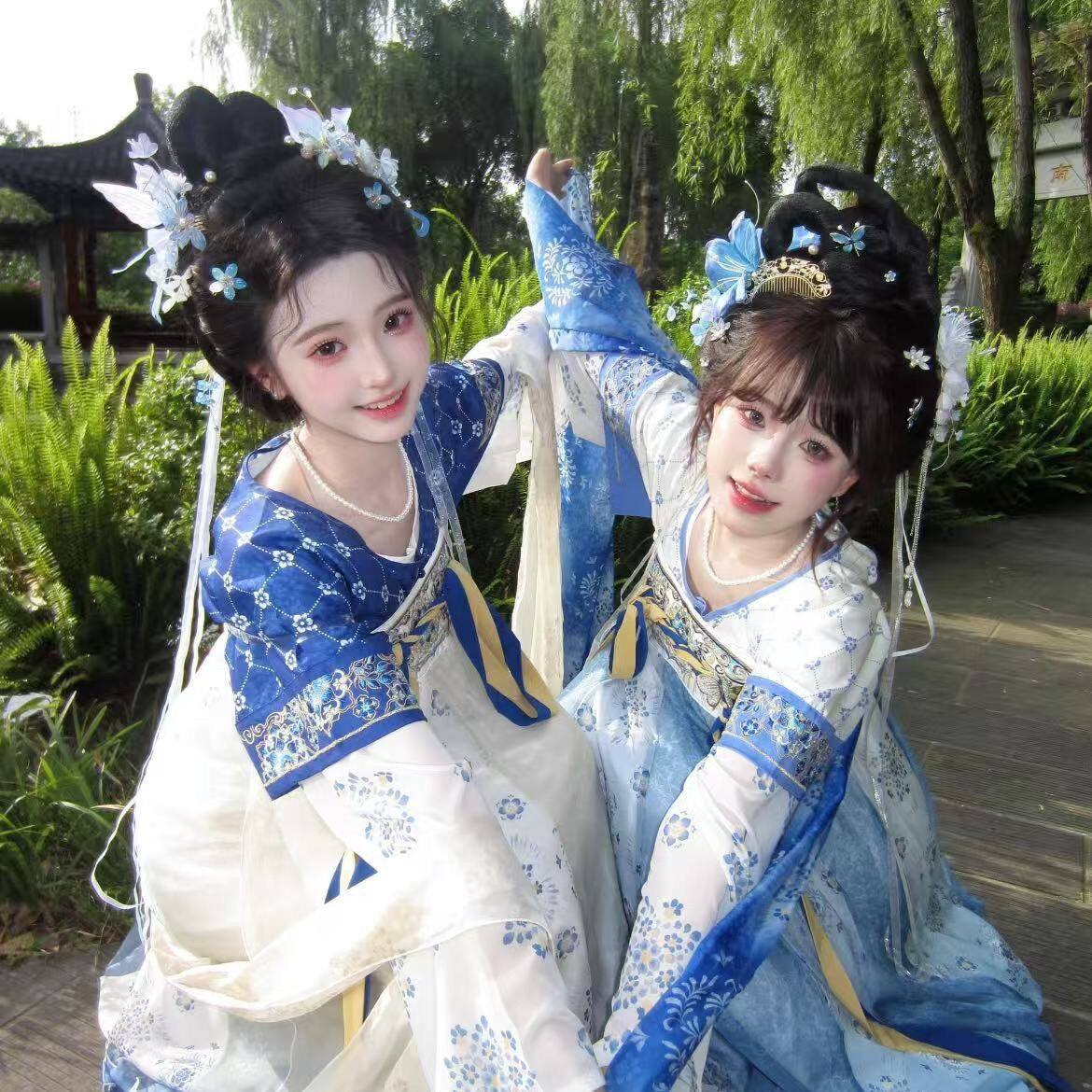 青花瓷古装未央宫唐制齐胸汉服坦领中国风超仙气套装春夏齐腰日常